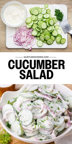 cucumber salad in a white bowl with onions, celery and onion