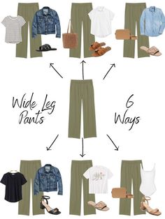 6 ways to wear Wide leg pants Green Linen Pants, Capsule Wardrobe Casual, Linen Pants Outfit, Wide Leg Pants Outfit, Look Boho Chic, Sunshine Beach, Summer Pants Outfits