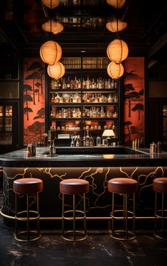 a bar with four stools in front of it and several lights hanging from the ceiling