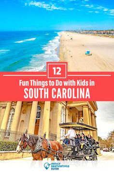 a horse drawn carriage on the beach with text overlay that reads 12 fun things to do with kids in south carolina