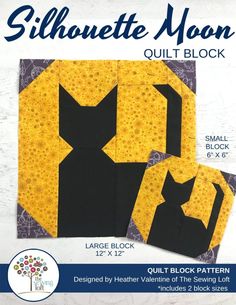 the front and back of a quilt block with an image of a black cat on it