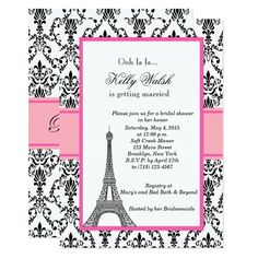 the pink and black paris themed baby shower is shown in front of the eiffel tower