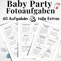 three baby shower game cards with the text, baby party fotoaufgaben and