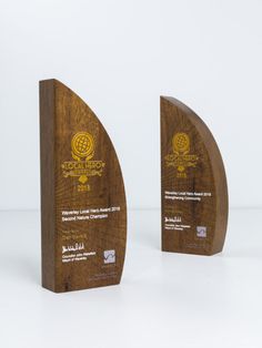 two wooden award plaques sitting side by side