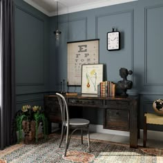 a room with blue walls and an old fashioned desk