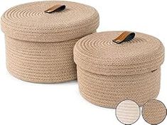 two round storage baskets with handles and lids, one is made out of jute