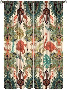 two curtains with flamingos on them in front of a white background and green leaves