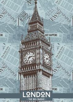 the big ben clock tower in london, england on a blue and white map background