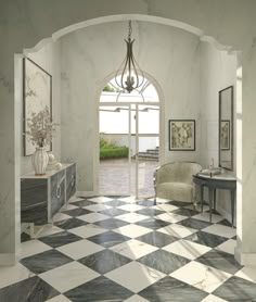 an arched doorway leads into a white and black checkerboard floored entryway