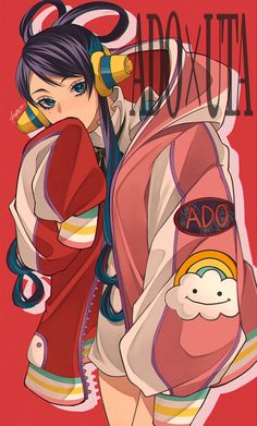 an anime character with long hair and blue eyes wearing a red kimono, standing in front of a pink background