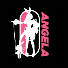 the logo for angela is shown on a black background with pink and white silhouettes