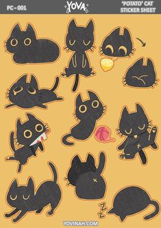 various black cats stickers are shown on a yellow background with the words yoya written in