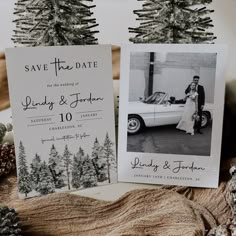 the wedding stationery is decorated with pine trees and an old - fashioned car, which was used as a save the date card