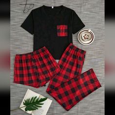 Red/Black Checked Women's Lrg (8-10) Christmas Pj's Set Nwt Set Includes : Shirt With Pocket,Shorts And Matching Long Bottoms!! Detail Description In Last Pictur #Gingham #Christmas Christmas Morning Pictures! Or Light Weight Enough To Wear Year Around! Bin # Bask0031 Red Pajama Set, Black Cotton Sleepwear For Christmas, Black Christmas Loungewear Bottoms, Black Bottoms For Christmas Loungewear, Black Loungewear Bottoms For Christmas, Black Christmas Sleepwear, Casual Black Christmas Sleepwear, Black Christmas Holiday Sleepwear, Black Cotton Pajama Party Sets