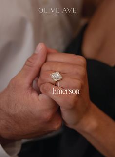 14K Yellow Gold | Emerson features a marquise center stone set in a vintage burst halo made of baguette and round stones. This design is set in a cathedral basket on a pinch tapered shank. Stone