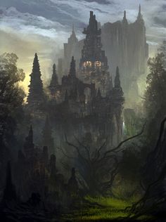 a painting of a castle in the middle of a forest