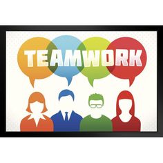 a group of people with speech bubbles that say teamwork in different colors and shapes