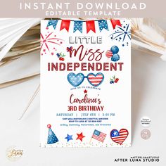 a little miss independent birthday party with fireworks and stars on the side, including an american flag