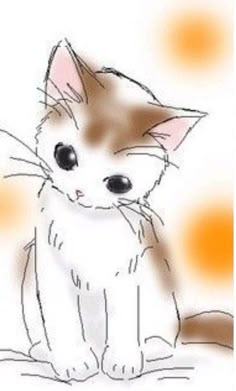 a drawing of a kitten sitting on the ground with orange spots in the background,