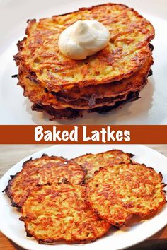 three different types of baked cakes on a white plate with the words baked lakes above them