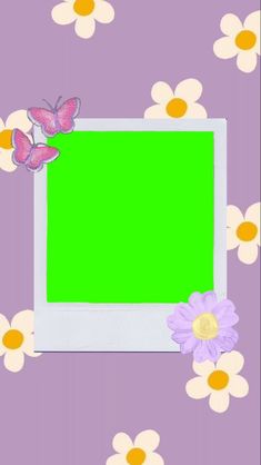 an empty photo frame with flowers and butterflies around it on a purple background that is surrounded by daisies