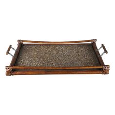 a wooden tray with metal handles on it