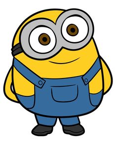 a cartoon minion with big eyes and overalls standing in front of the camera