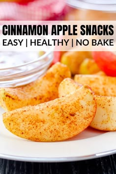 cinnamon apple snacks on a white plate with text overlay