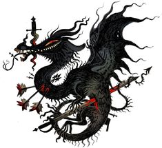 a drawing of a black dragon with two swords