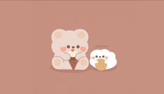 two cartoon bears eating ice cream together on a pink background, one is white and the other is brown