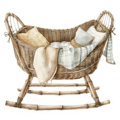 a baby's rocking chair with pillows and blankets on the back, in front of a white background