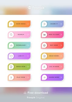 an image of a set of buttons with different colors and shapes on them, including the text freepik