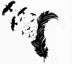 a black and white photo with birds flying in the sky next to a large feather