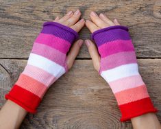 Rainbow knitted gloves will quickly become one of your favourites. Made from 100% cotton, it wears well on anyone. You can wear it during your local pride festival or for everyday celebration. ALL SIZES - men's and women's! Color - striped: red, coral, pink, crimson, white, violet. Materials: Cotton - 100%. Made to order time is 5-7 days. Care: hand wash in warm/cold water and lay flat to dry. More knitted cotton gloves: https://www.etsy.com/shop/HitsKnits?section_id=26526856 Knitted winter glov Steampunk Outfits Women, Long Black Gloves, Pride Festival, Summer Gloves, Pink Gloves, Blue Gloves, Local Pride, Pansexual Pride, Summer Wraps