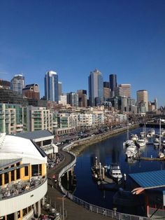 boats are docked at the marina in front of large city buildings