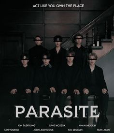 a movie poster for the film parasite starring actors in black suits and sunglasses