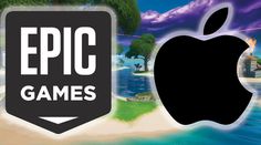 an apple logo with the words epic games in front of it and beach scene behind it