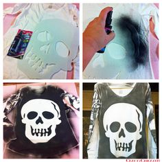 four pictures of different shirts with skulls on them and one has a cell phone in it