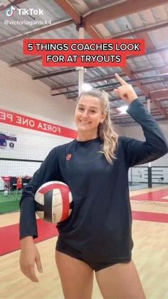 a woman holding a volleyball ball in her right hand and pointing to the side with text that reads, 5 things coaches look for at tryouts