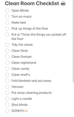 the clean room checklist is shown in black and white, with text on it