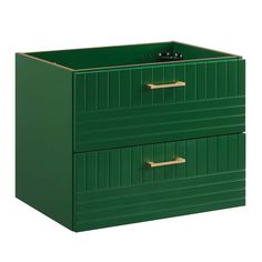 a green file cabinet with two drawers and brass handles on the bottom, in front of a white background