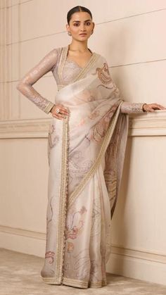 Saree Satin, Saree Wearing Styles, Grey Saree, Lace Saree, Indian Dresses Traditional, Elegant Blouse Designs