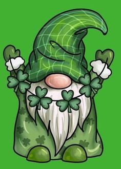 an image of a green gnome with shamrocks on it's head, transparent background