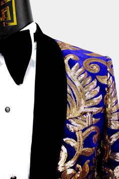 Gold Fitted Winter Suits, Luxury Gold Long Sleeve Suit, Royal Blue Tuxedo Suit For Party, Royal Blue Party Blazer, Festive Gold Blazer For Party, Blue Tuxedo Blazer For Party, Royal Blue Long Sleeve Party Blazer, Gold Festive Evening Suit, Elegant Gold Sequined Blazer