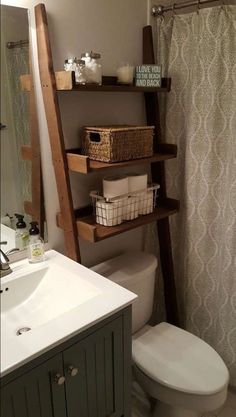 a bathroom with a ladder shelving unit above the toilet and a sink below it