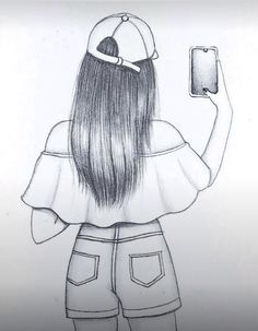 a drawing of a girl with long hair holding up a cell phone to her head