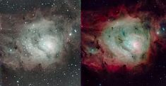 two different views of the stars in the sky, one with red and blue colors