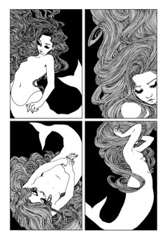 four paneled art work depicting mermaids in black and white, one with long hair