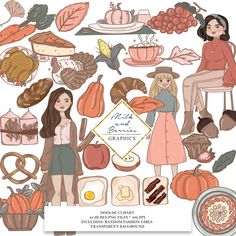 an illustration of two women surrounded by thanksgiving food