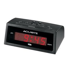 the alarm clock is black and has red numbers on its front side, which reads 9 45 am